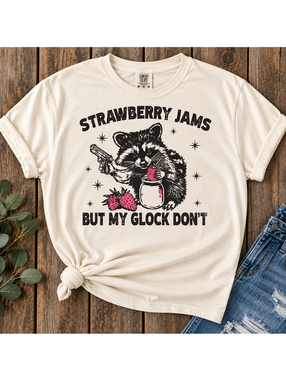 Cream Strawberry Jams but My Glock Don't Raccoon Graphic T-Shirt